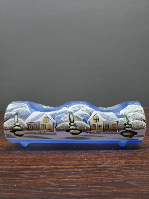 Light Blue Glass Double Candle Holder - White Church Yule Log Style