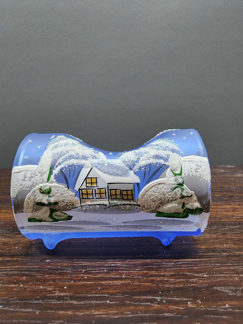 Light Blue Glass Single Candle Holder - White Cabins Yule Log Style