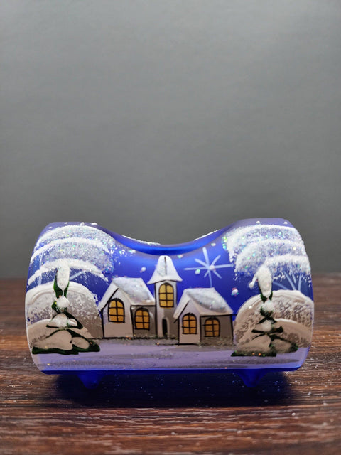 Blue Glass  Single Candle Holder  - White Church Yule Log Style