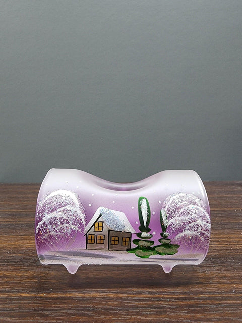 Purple Glass Single Candle Holder - White Church Yule Log Style