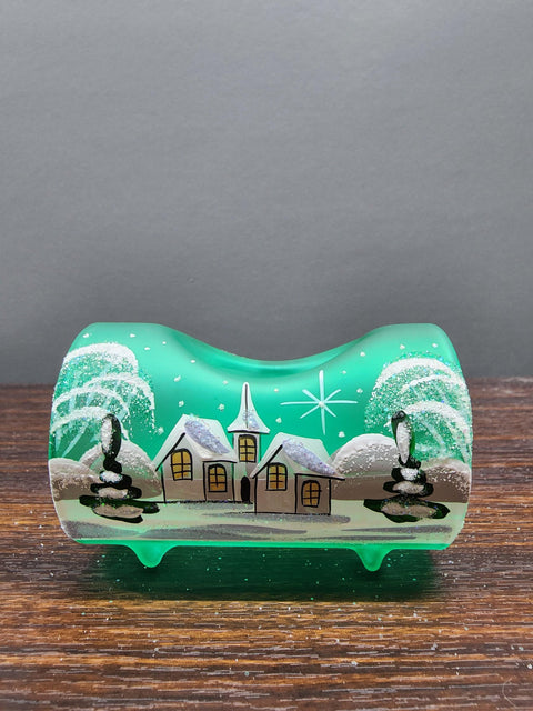 Green Glass Single  Candle Holder - White Church Yule Log Style