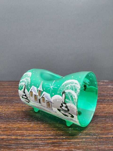 Green Glass Single  Candle Holder - White Church Yule Log Style