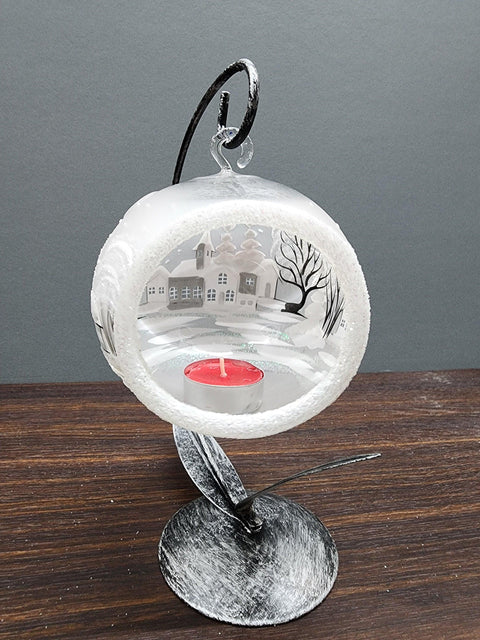 Frosted Glass Terrarium Candle Holder, Hand Crafted in Ukraine, White Church Winter Wonderland, Wonderful Year Round