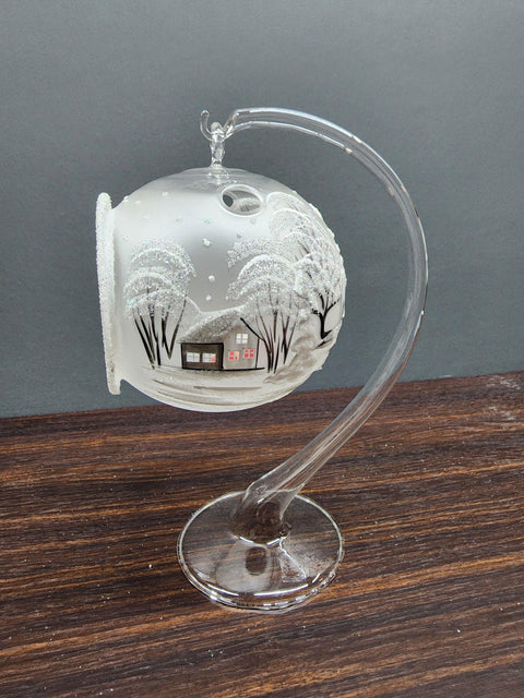 Frosted Glass Terrarium Candle Holder, Hand Crafted in Ukraine, White Church Winter Wonderland, Wonderful Year Round