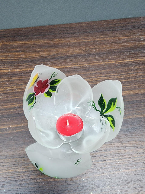 Frosted Glass Lotus Blossom Candle Holder  - Butterfly Design