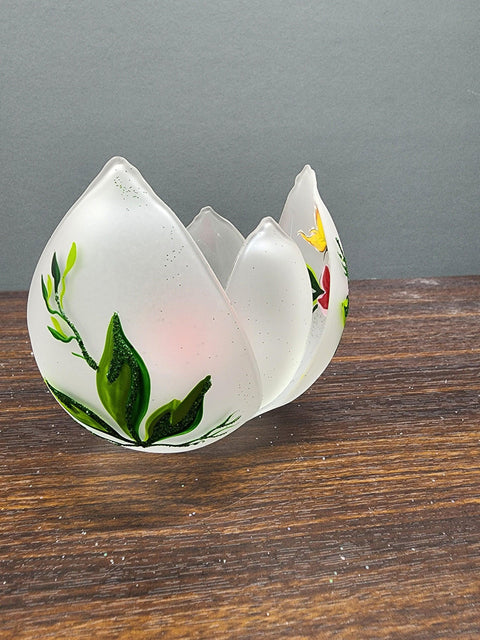 Frosted Glass Lotus Blossom Candle Holder - Butterfly Design