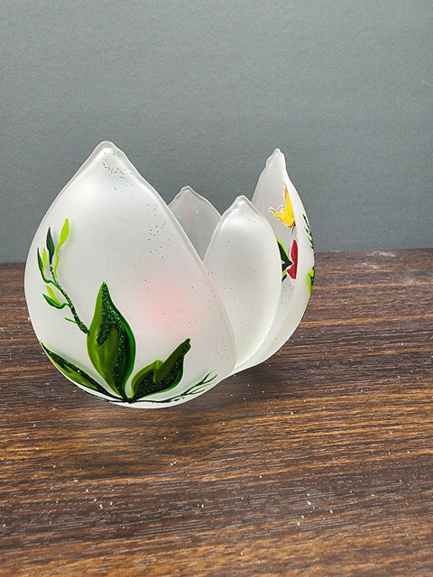 Frosted Glass Lotus Blossom Candle Holder  - Butterfly Design