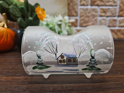 Frosted Glass Single Candle Holder - White Church Yule Log Style