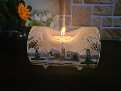 Frosted Glass Single Candle Holder - White Church Yule Log Style