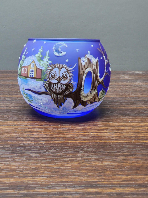 Medium Light Blue Glass Candle Holder, Hand Crafted in Ukraine, Fun Owl, Wonderful Year Round (Copy)