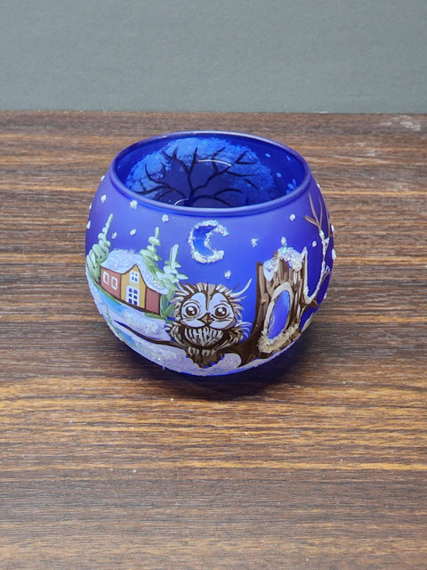 Medium Light Blue Glass Candle Holder, Hand Crafted in Ukraine, Fun Owl, Wonderful Year Round (Copy)