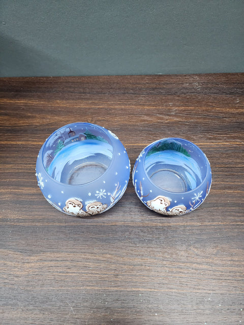 Large Light Blue Glass Candle Holder, Hand Crafted in Ukraine, Love Owls Design, Wonderful Year Round