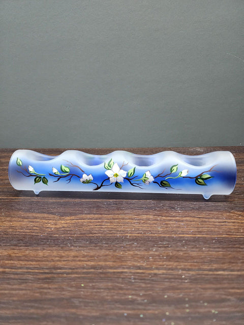 Blue Glass Quad Candle Holder - Dogwood Flower Yule Log Style