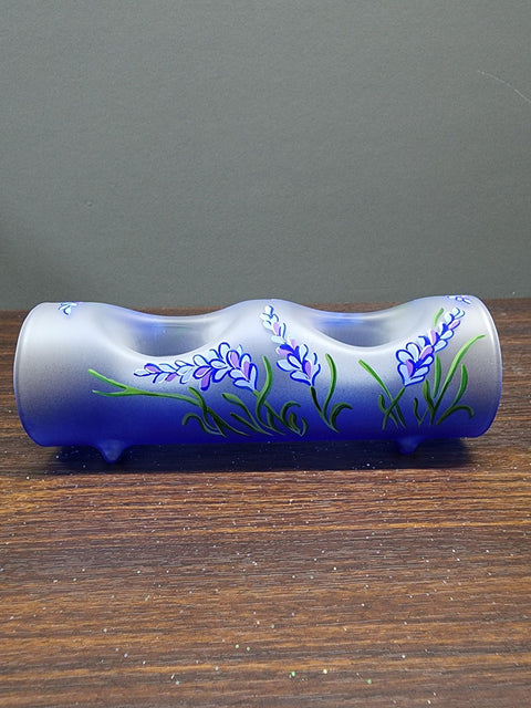 Blue Glass Double Candle Holder - Lavender Flower Yule Log Style
