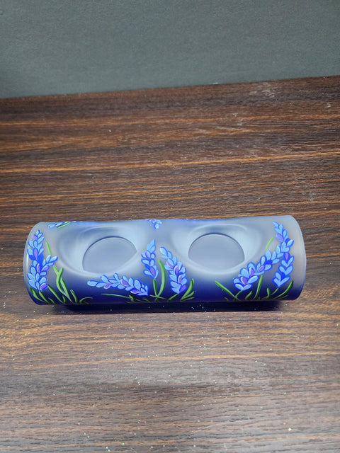 Blue Glass Double Candle Holder - Lavender Flower Yule Log Style