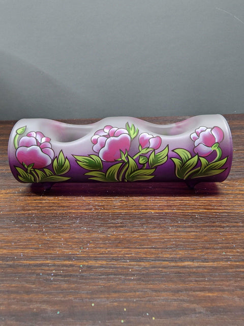 Purple Glass Double Candle Holder  -  Peony Flower Yule Log Style