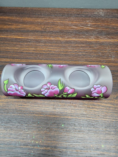 Purple Glass Double Candle Holder - Peony Flower Yule Log Style