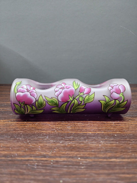 Purple Glass Double Candle Holder  -  Peony Flower Yule Log Style