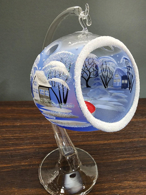 Light Blue Glass Terrarium Candle Holder, Hand Crafted in Ukraine, White Cabin Winter Wonderland, Wonderful Year Round