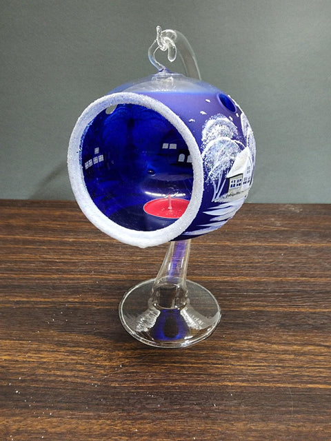 Blue Glass Terrarium Candle Holder, Hand Crafted in Ukraine, White Cabin Winter Wonderland, Wonderful Year Round