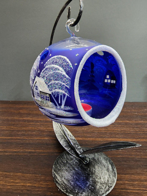 Blue Glass Terrarium Candle Holder, Hand Crafted in Ukraine, White Cabin Winter Wonderland, Wonderful Year Round