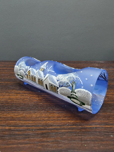 Light Blue Glass Double Candle Holder - White Church Yule Log Style