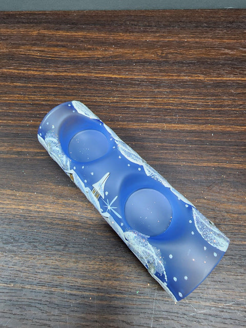 Light Blue Glass Double Candle Holder - White Church Yule Log Style