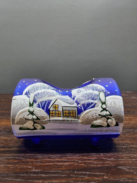 Blue Glass Single Candle Holder - White Church Yule Log Style