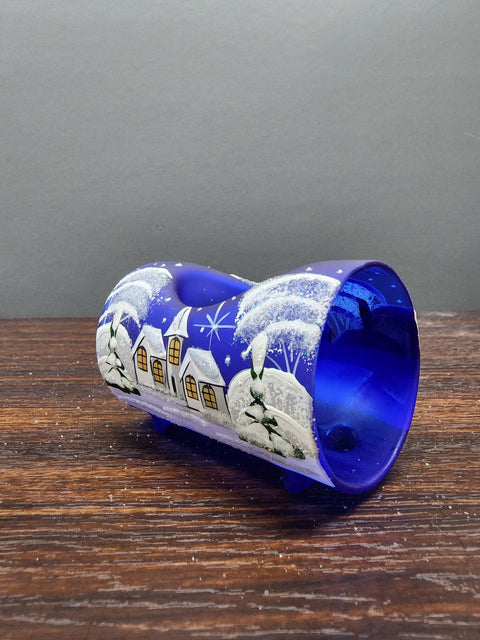 Blue Glass  Single Candle Holder  - White Church Yule Log Style