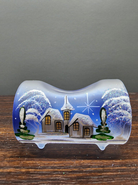 Blue Glass Single Candle Holder - Brown Cabins Yule Log Style