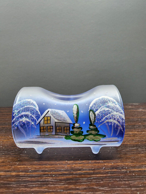 Blue Glass Single Candle Holder - Brown Cabins Yule Log Style