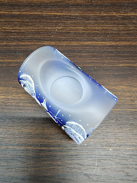 Blue Glass Single Candle Holder - Brown Cabins Yule Log Style