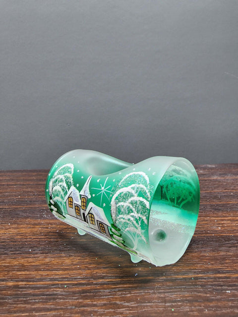 Green Glass Single Candle Holder  - White Church Yule Log Style