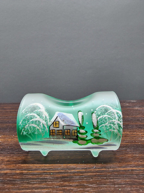 Green Glass Single Candle Holder  - White Church Yule Log Style