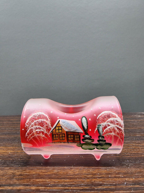 Red Ombre Glass Single Candle Holder - Brown Church Yule Log Style