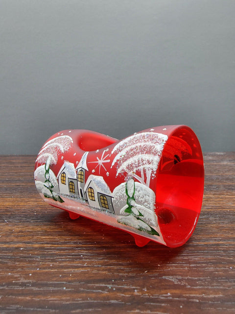 Red Glass Single Candle Holder, Hand Crafted in Ukraine, White Church Winter Wonderland, Wonderful Year Round