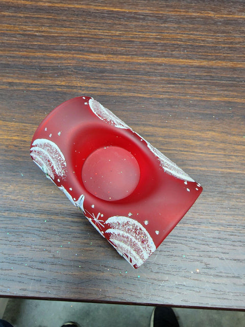 Red Glass Single Candle Holder, Hand Crafted in Ukraine, White Church Winter Wonderland, Wonderful Year Round