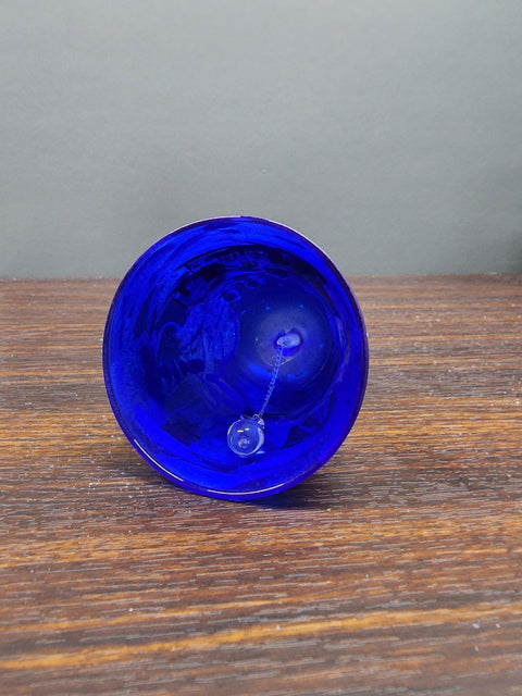 Blue Blown Glass Bell Ornament – White Church Design with Clapper