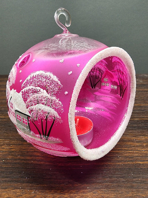 Pink Glass Terrarium Candle Holder, Hand Crafted in Ukraine, White Cabin Winter Wonderland, Wonderful Year Round