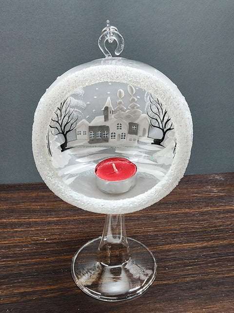 Frosted Glass Terrarium Candle Holder, Hand Crafted in Ukraine, White Church Winter Wonderland, Wonderful Year Round
