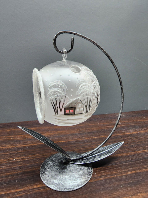 Frosted Glass Terrarium Candle Holder, Hand Crafted in Ukraine, White Church Winter Wonderland, Wonderful Year Round