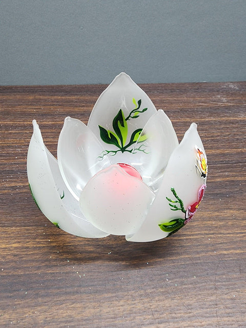 Frosted Glass Lotus Blossom Candle Holder - Butterfly Design