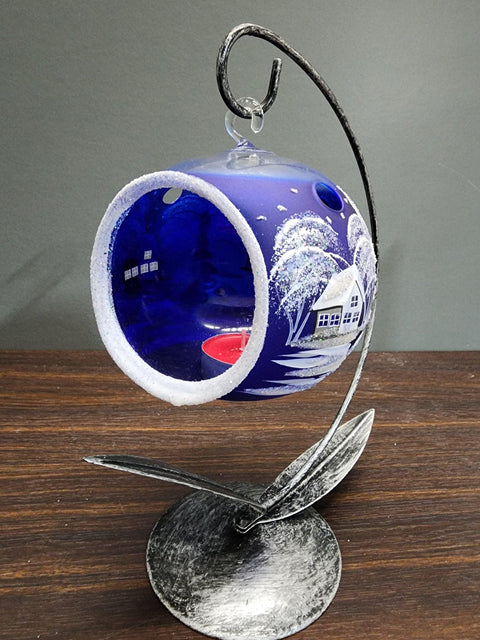 Blue Glass Terrarium Candle Holder, Hand Crafted in Ukraine, White Cabin Winter Wonderland, Wonderful Year Round