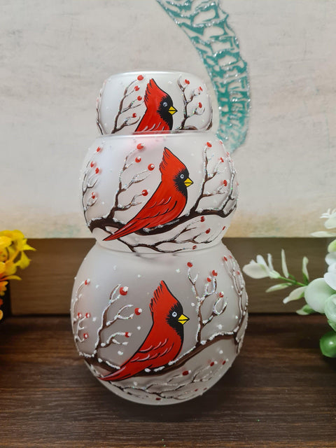 Frosted Glass Candle Holder - Red Cardinal - Multiple Sizes