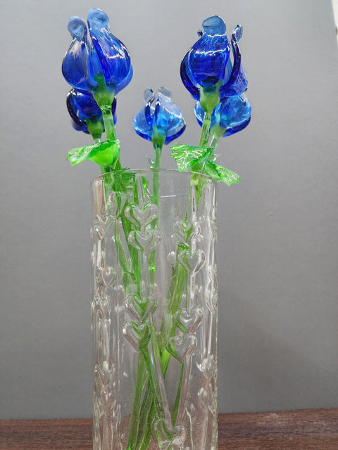 Blue Glass Open Bulb Rose- Handcrafted Long Stem Flower