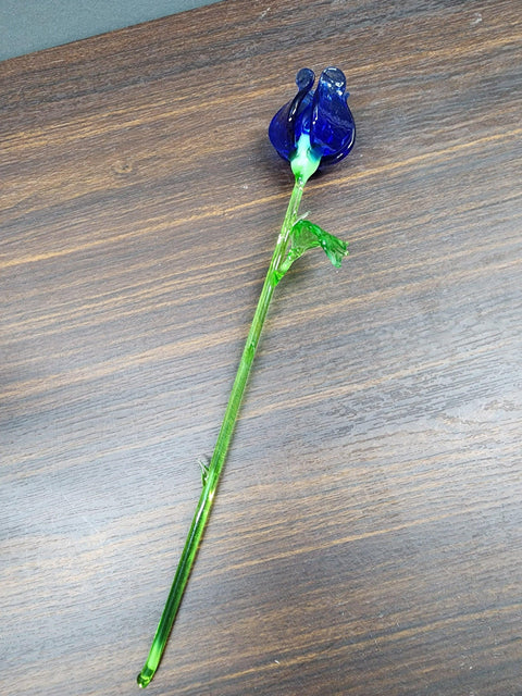 Blue Glass Open Bulb Rose- Handcrafted Long Stem Flower