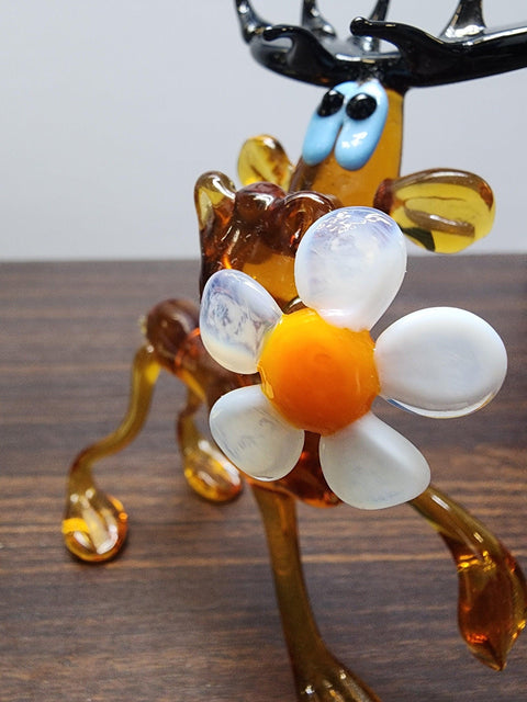 Glass Moose With Daisy Figurine, Collectible Glass Moose, Murano Quality Gift At A Fraction Of The Price, Handcrafted In Ukraine