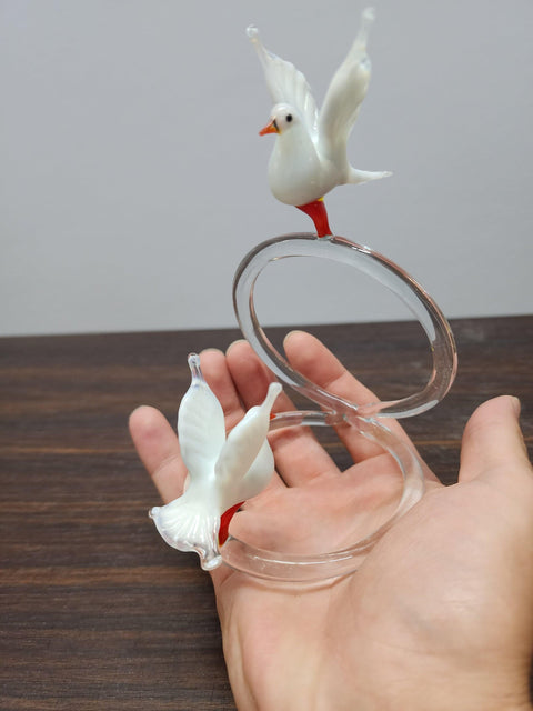 Glass Doves on Rings Figurine, Handmade Murano Quality Design