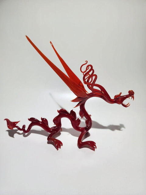 Red Glass Dragon Figurine, Handmade Murano Quality Design - Large