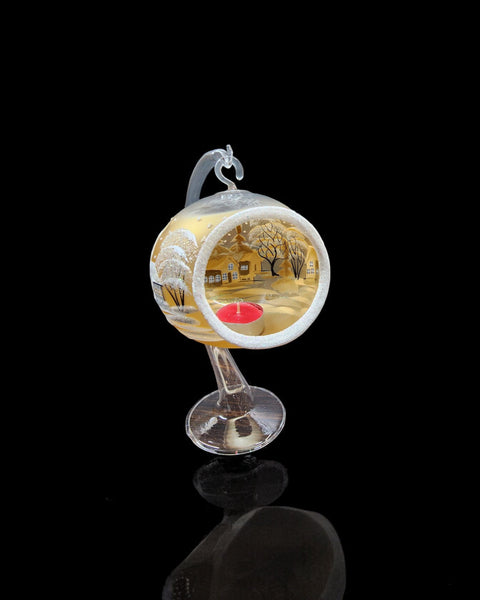 Yellow Glass Terrarium Candle Holder, Hand Crafted in Ukraine, White Cabin Winter Wonderland, Wonderful Year Round